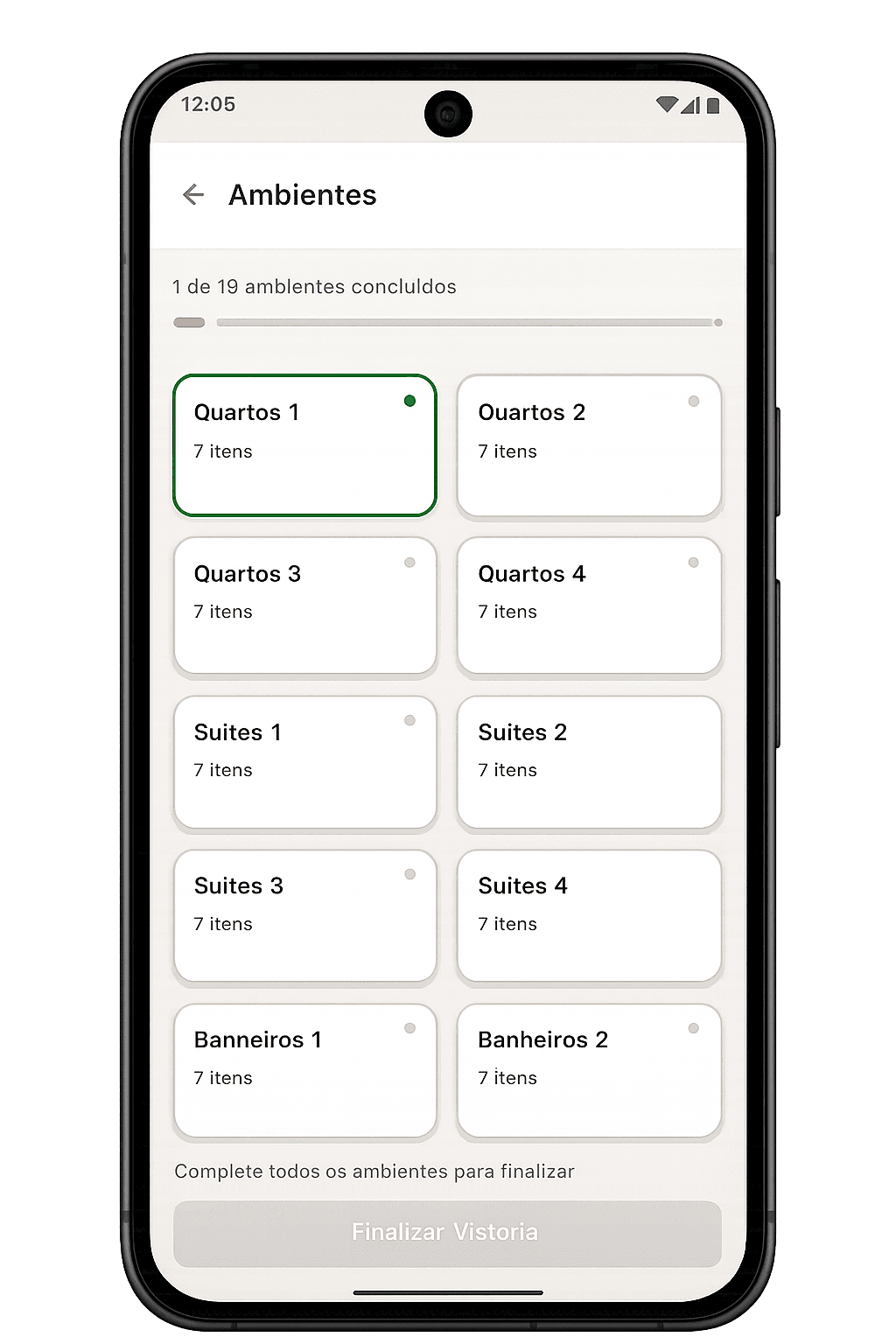 App de Vistoria Tetoz - Tela de ambientes com progresso da vistoria