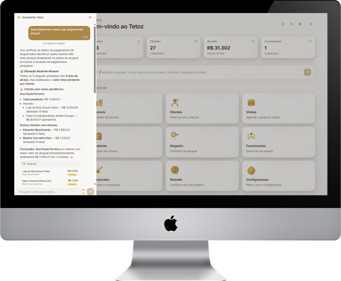 Assistente de IA Tetoz rodando em um iMac mostrando dashboard de gestão imobiliária