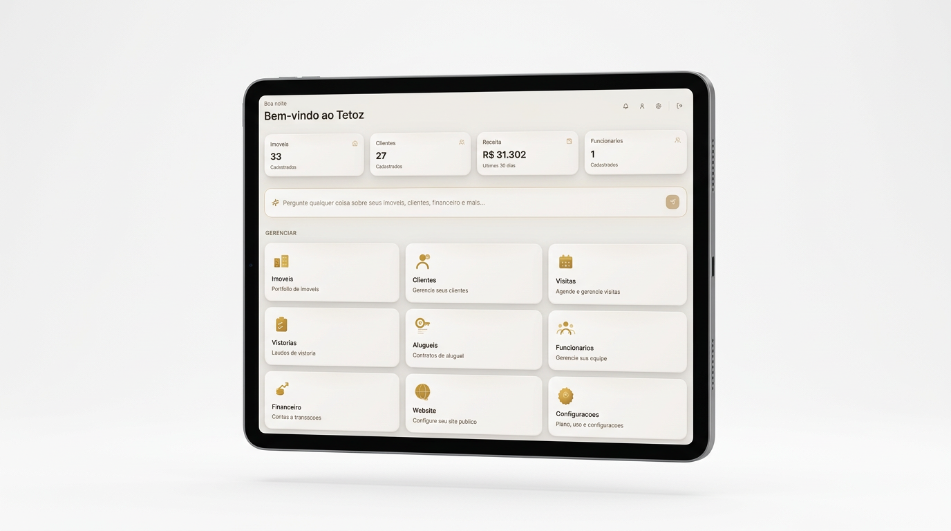 Dashboard Tetoz - Visão geral do painel de gestão imobiliária